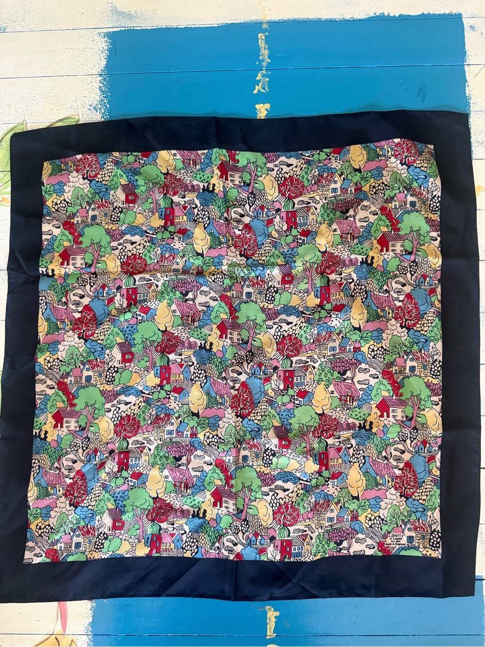 Liberty of London Silk Scarf w/ Colorful Village Scene & Black Border - Picture 10 of 10